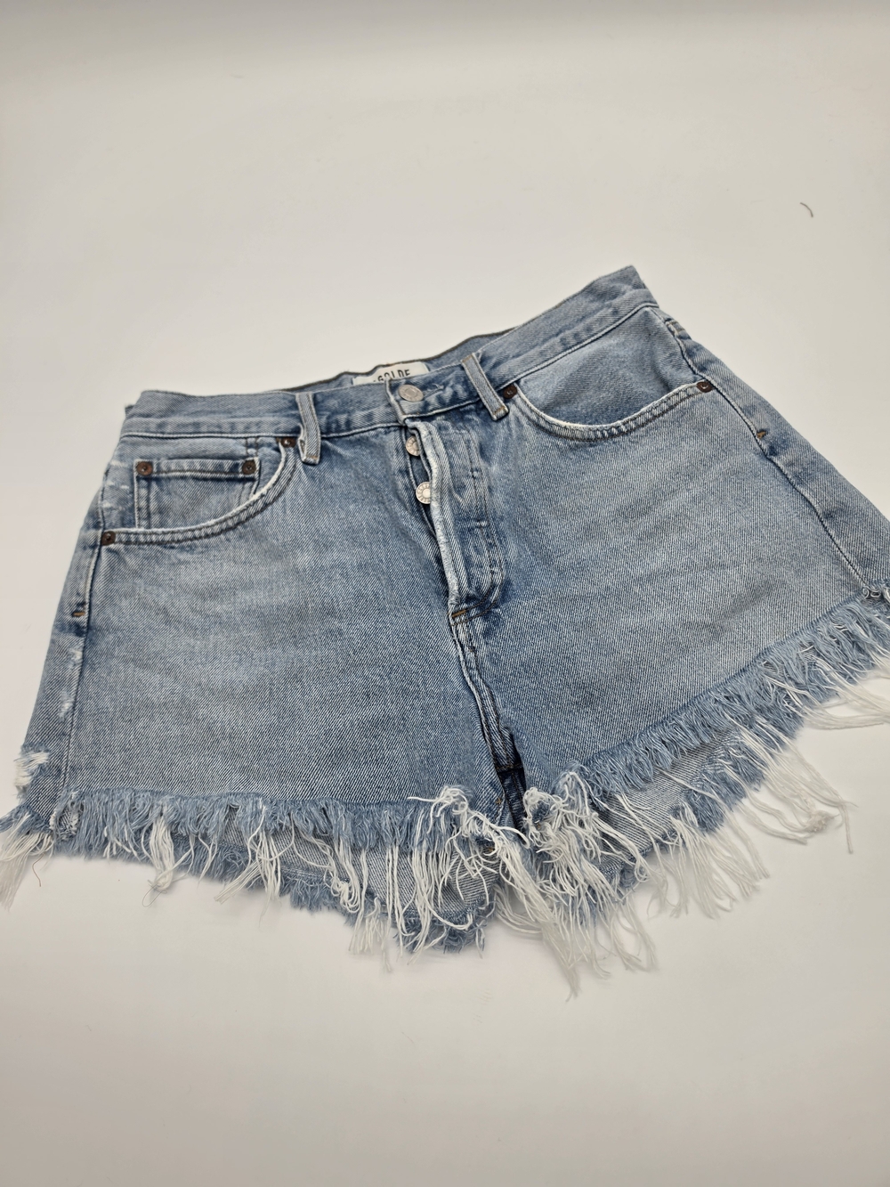 Agolde Light Blue Frayed Hem Denim Shorts
